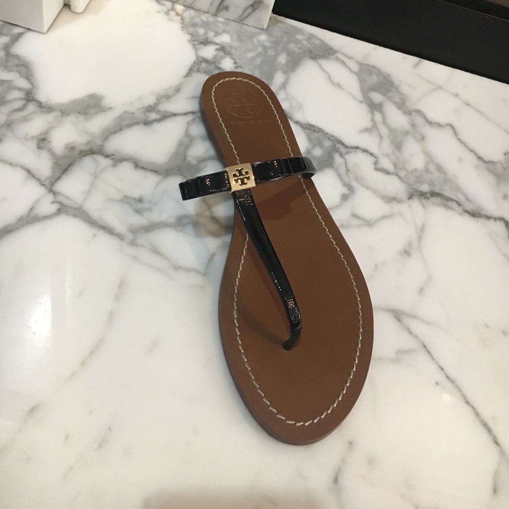 Tory Burch black patent bow sandals